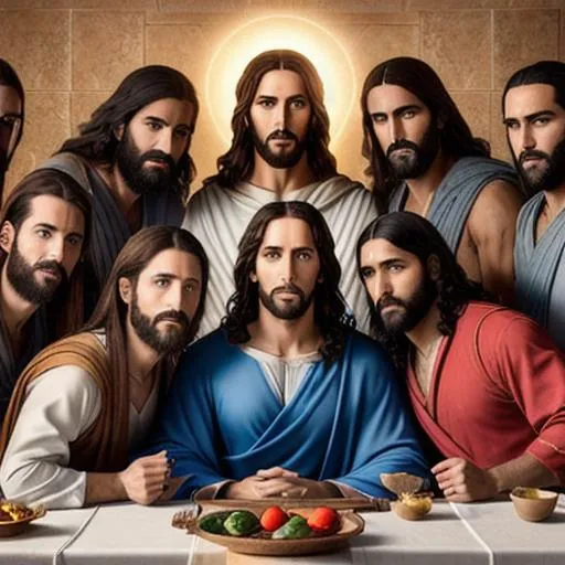 Prompt: panomara group selfie of jesus of nazareth and the twelve disciples after the last supper, (((full body visible))), looking at viewer, portrait, photography, detailed skin, realistic, photo-realistic, 8k, highly detailed, full length frame, High detail RAW color art, piercing, diffused soft lighting, shallow depth of field, sharp focus, hyperrealism, cinematic lighting, full body