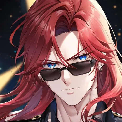 Prompt: Zerif 1male (Red side-swept hair falling between the eyes, sharp and sassy blue eyes), highly detailed face, 8K, Insane detail, best quality, UHD, handsome, flirty, muscular, Highly detailed, insane detail, high quality. black sunglasses resting on his head, gold jewelry, movie star, hollywood, wearing a black leather jacket, tight grey pants, at a photoshoot, posing in front of a camera