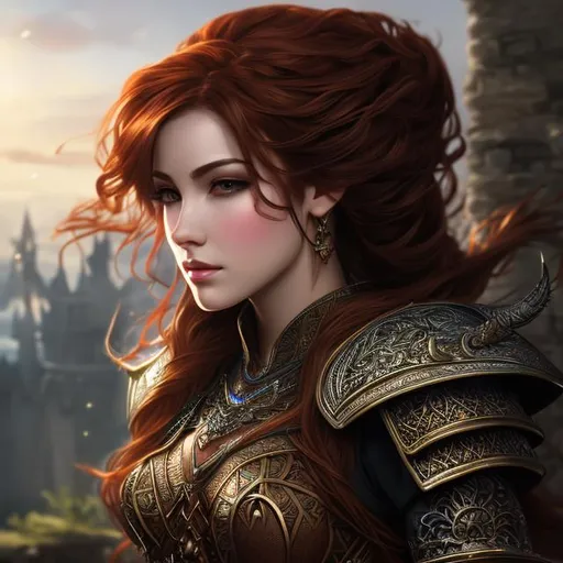 Prompt: Game art D&D, Fantasy, High Fantasy, intricate details, medium shot, detailed background, detailed face, detailed armor, detailed weapon, Auburn haired, photo realistic 