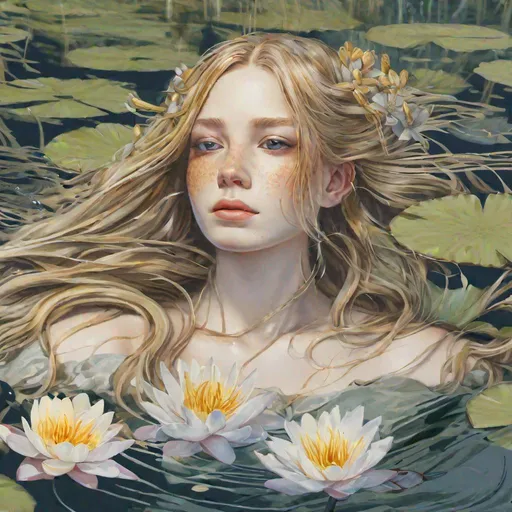 Prompt: A young girl with long, flowing gold hair is laying in reeds and surrounded by water lilies, UHD, HD colour, freckles, decal, silver, pointy