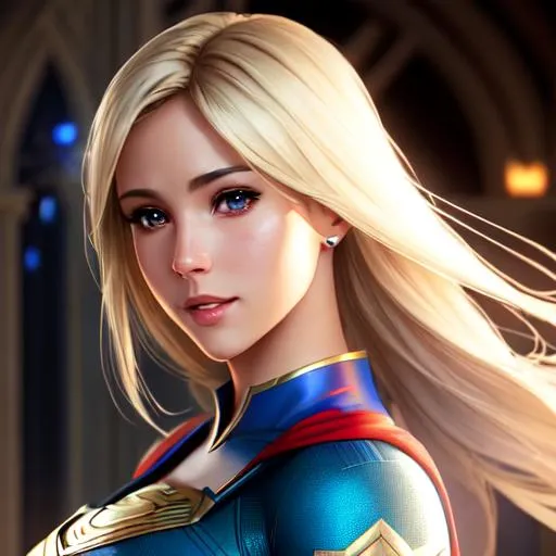 Prompt: "gorgeous, aged 23, female Kryptonian, Kara zor-el cousin of superman, blonde hair, house of el Kryptonian supergirl outfit, attractive Detailed Render eyecandy Breathtaking 8k Greg Rutkowski Artgerm WLOP Alphonse Mucha dynamic lighting hyperdetailed intricately, volumetric lighting, unreal engine 5, insane detail, ultra realistic, frostbite 3 engine, cryengine, 