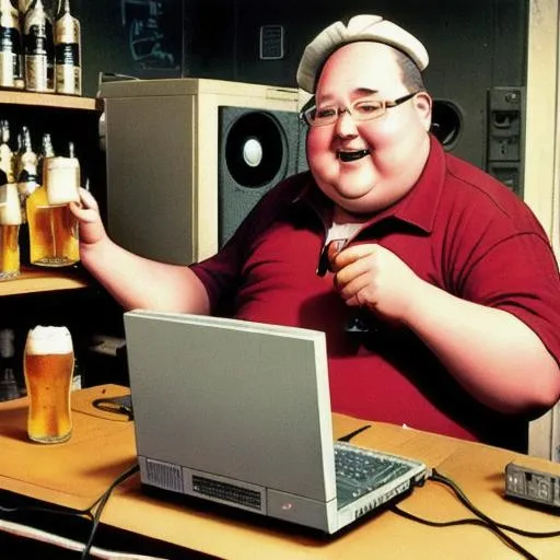 Prompt: old fat computer technician with beer