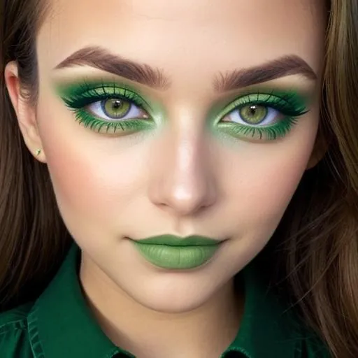 Prompt: A woman all in green,  large green eyes, pretty makeup