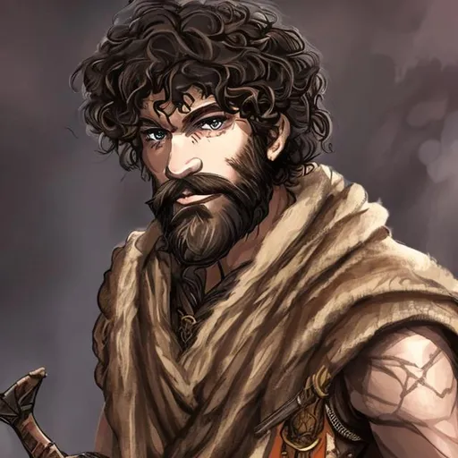 Prompt: kate irwin dungeons and dragons style, sumerian man, shawl, black curly wig, bushy beard, brown eyes