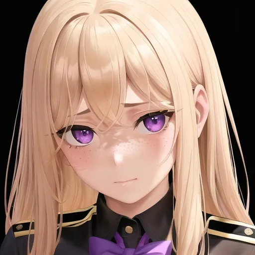 Prompt: "A close-up photo of a brown skined gorgeous woman who has long curly blonde hair, predator like purple eyes, wearing school uniform, in hyperrealistic detail, with a slight hint of loneliness in her eyes. Her face is the center of attention, with a sense of allure and mystery that draws the viewer in, but her eyes are also slightly downcast, as if a sense of loneliness is lingering in her thoughts. The detailing of her face is stunning, with every pore, freckle, and line rendered in vivid detail, but the image also captures the subtle emotions of loneliness that might lie beneath her surface"