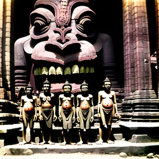 Prompt: giant living creatures found in Indonesia temple circa 1950
