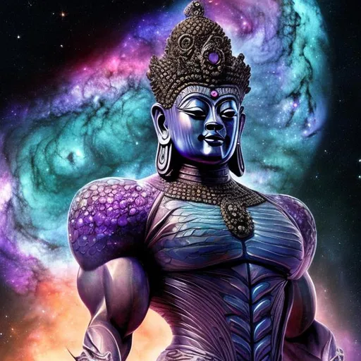 Prompt: alexandrite armored bodybuilding buddha, widescreen, infinity vanishing point, spiral galaxy nebula background