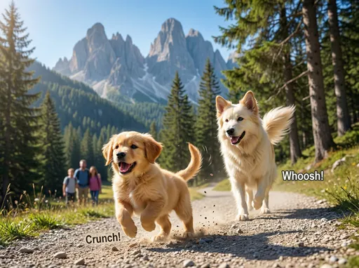 Prompt: One bright morning, @WleuZKdIKQxaJj8qXKM0 and @l8uXDmNmOJ0Tw8b35Nxh went with their family to the mountains. Tall peaks touched the sky, and cool wind whispered through the pine trees.
Remi bounced ahead.Crunch! went the gravel.Whoosh! went the wind.
“Wait for me!” Maverick barked kindly, padding after her little sister.