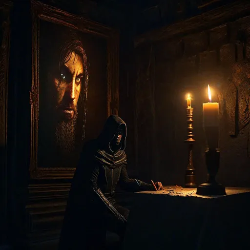 Prompt: "An Ominous Glue-Size painting of Royal Assassin Lurking Concealed in hidden Corner of Castle, dim candlelight, by Tom Wänerstrand, Sean Murphy. Hyperfine details, Trending on r/Art, Masterful Composition, Reimagined by industrial light and magic, volumetric lighting, 4k, Artrift, HDR, IMAX, shadow depth"