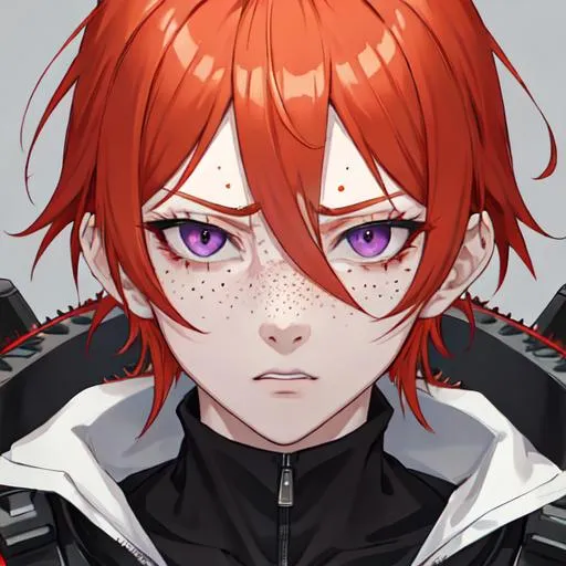 Prompt: Erikku male adult (short ginger hair, freckles, right eye blue left eye purple) UHD, 8K, Highly detailed, insane detail, best quality, high quality, using a chainsaw, angry