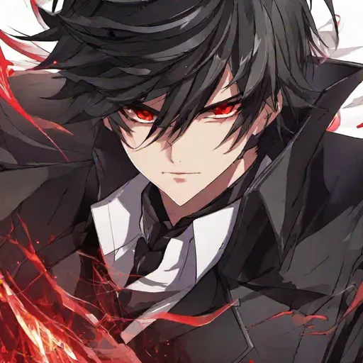 Prompt: Damien (male, short black hair, red eyes) a sadistic look on his face, demon form, fighting