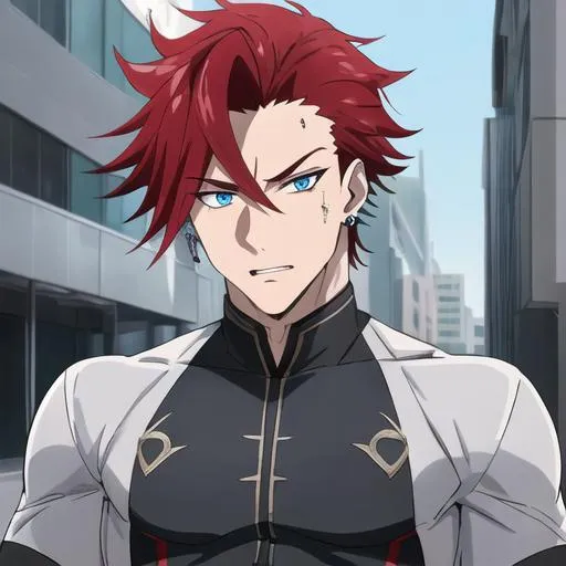 Prompt: Zerif 1male (Red side-swept hair falling between the eyes, sharp and sassy blue eyes), casual outfit,  Black piercings, highly detailed face, 8K, Insane detail, best quality, UHD, handsome, flirty, muscular, Highly detailed, insane detail, high quality. 