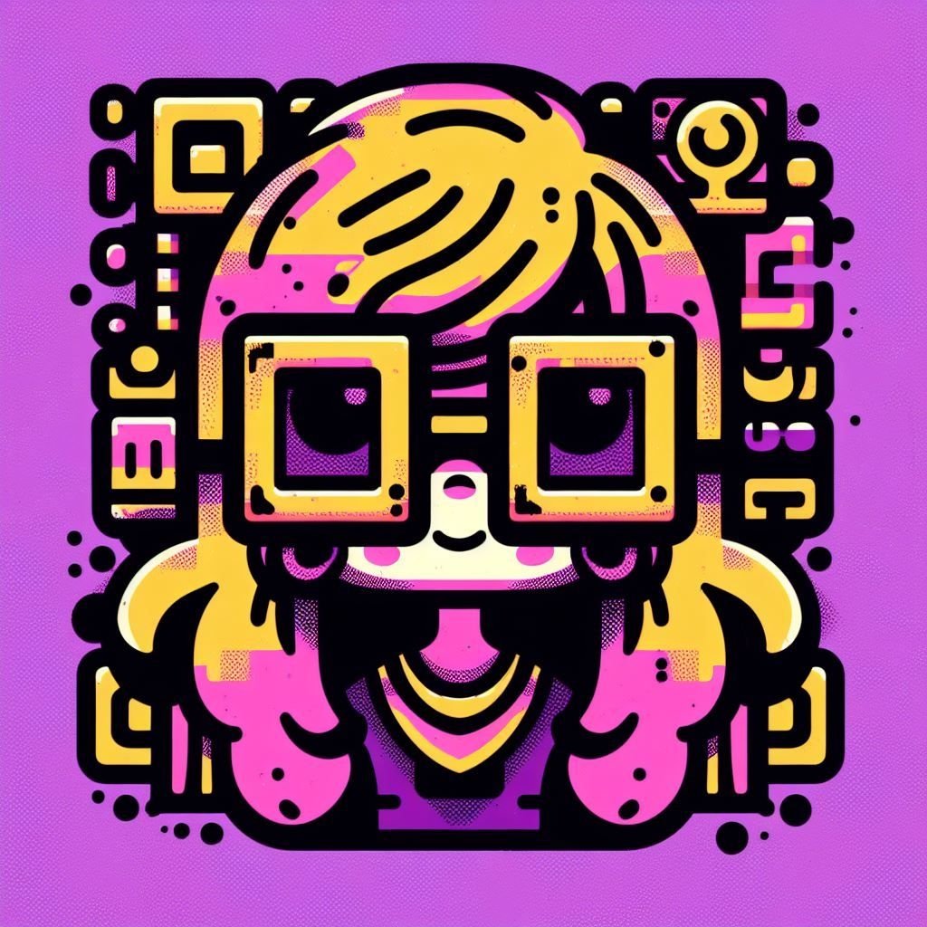 Prompt: cartoon girl with glasses in the shape of a box, in the style of cryptic psychedelia, bold color blocks, animated gifs, yellow and purple, bold, cartoonish lines, masks and totems, kidcore