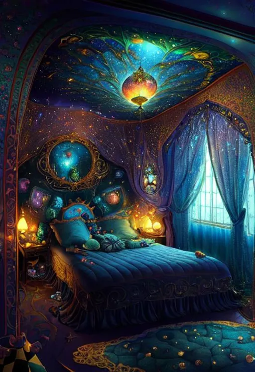 Prompt: A magical sparkling bedroom that makes your dreams true when you sleep. By Gediminas Pranckevicius, Philipp A. Urlich, Laura Hollingsworth, Jacek yerka, Ivan Bilibin, Catrin Welz-Stein. Whimsical, iridescent.