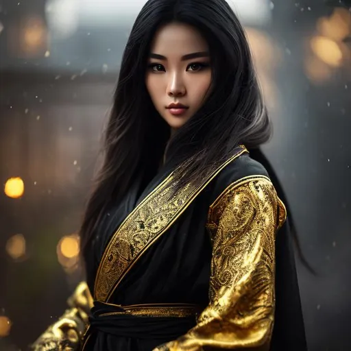 Prompt: create best quality photograph of beautiful elite female ninja in black and gold ninja style robes, detailed face, extremely detailed environment, extremely detailed background, extremely detailed skin, extremely detailed clothing, natural colors , professionally color graded, photorealism, 8k, realistic, moody lighting, ambience lighting, complex filigree, galactic environment, volumetric lighting