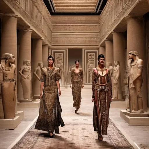 Prompt: A modern fashion show amidst the heritage and antiquities of the Pharaonic civilization, as if the fragrant of history mixed with the elegance of the present