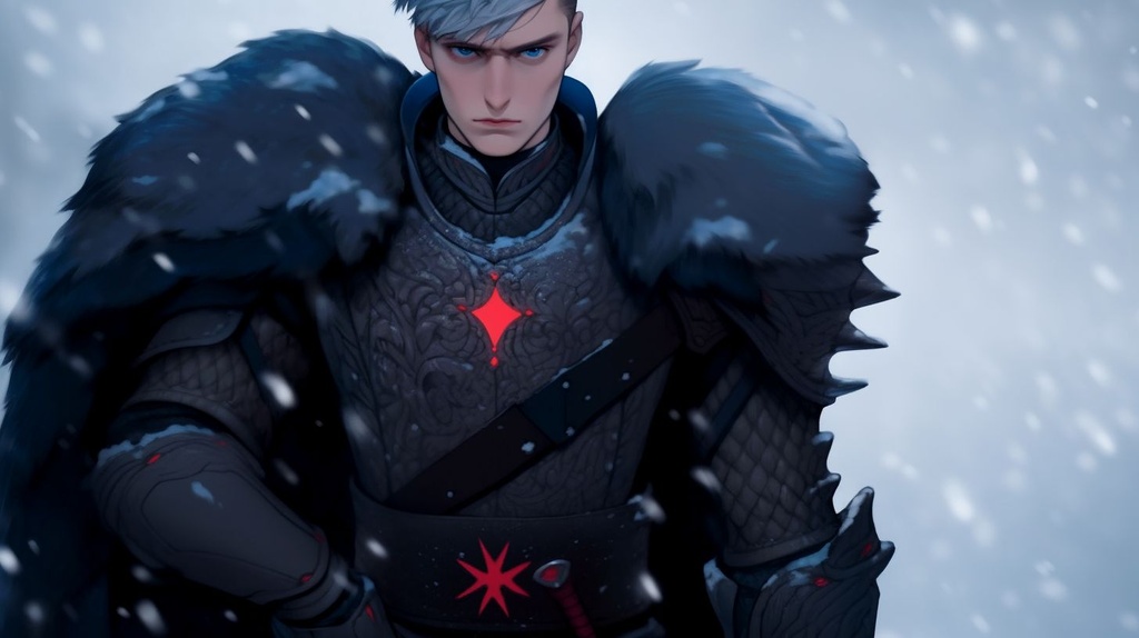Prompt:  handsome russian man with a chiseled jawline, ice blue undercut hair, bright blue eyes, Two red earings, Long thick black fur lining grey and black armor, disapointed expression, attractive, thick eyeliner, perfectly styled hair, red lance on his back, realistic warrior, heavy snow --no facial hair --upbeta --niji 5 --ar 16:9
