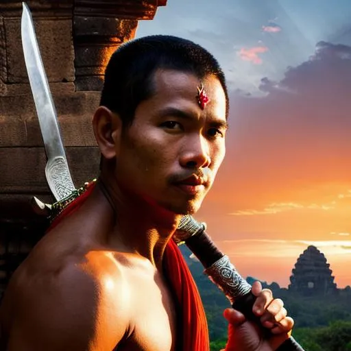 Prompt: HD photograph of khmer warrior holding a sword, 800 years ago, ultra realistic, close up, background jungle, UHD, 8k, Cannon, Soft Lighting, sunset 4pm