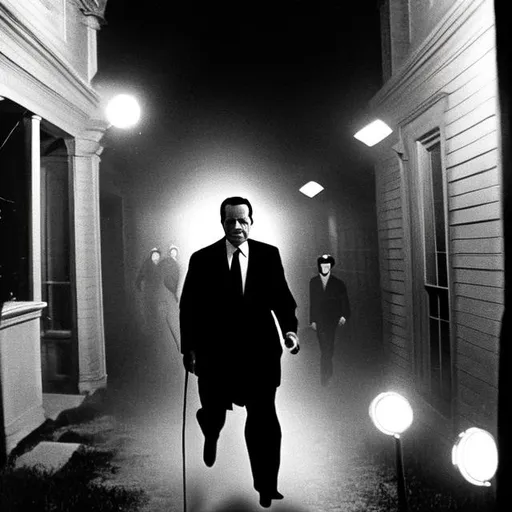 Prompt: Richard Nixon as a ghost in a dark ally way chasing 2 teens with flashlights