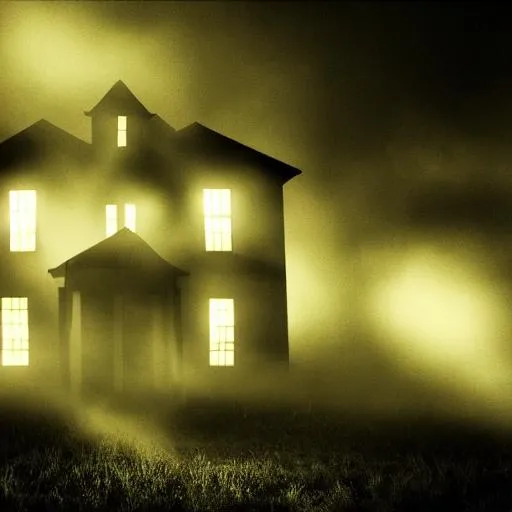 Prompt: haunted house, scary, night, black, dark, fog