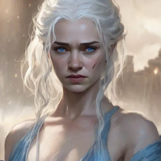 Prompt: Game of Thrones Female with shoulder-length white hair, No necklace, Lucious thicker lips, Intimidating blue eyes crying in anger, Member of House Arryn, wearing a translucent dress, dirty body