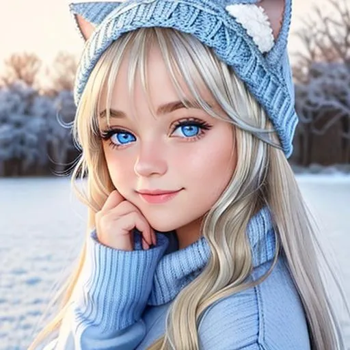 Prompt: young girl,  blonde hair, wearing a blue sweater,  a hat with cat ears, covered in frost, bashful hypnotic blue eyes, calm bashful smile, gorgeous silver hair