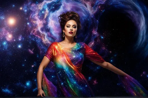 Prompt:  exquisit, hyper realistic, buxom, beautiful goddess with a stunning body, wearing a flowing, revealing, bright, Iridescent, glowing, sparkly, filmy gown, falling backwards through space, the stars, galaxies and nebulas, planets and shooting stars