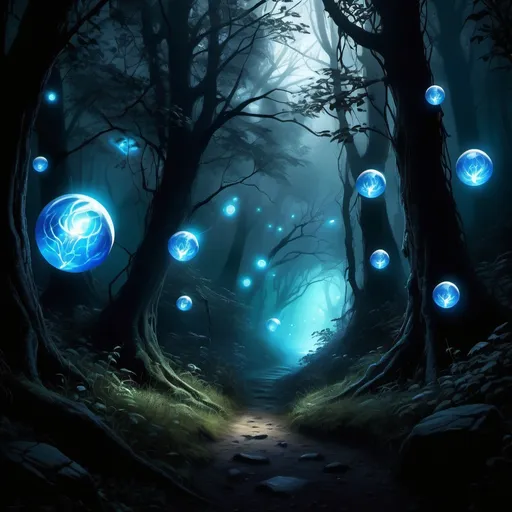 Prompt: 5 will-o-whisps, eerie blueish lightballs, mystical atmosphere, RPG-fantasy, intense, detailed, game-rpg style, dark and eerie lighting, fantasy, atmospheric, otherwordly ambiance, dark fairy forest background