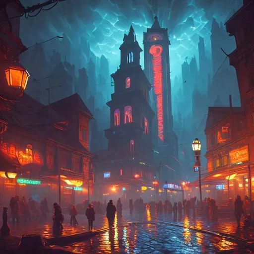 Prompt: man,64k,museum 4k, Oil painting,Smooth lighting ,style of Ravenloft,art, in a city at night, bright neon lights.