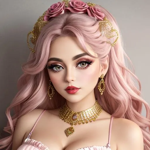 Prompt: big  eyes and carmine lips, silver and golden breaded silk, hearts, lips, pink cheeks, pink roses in hair