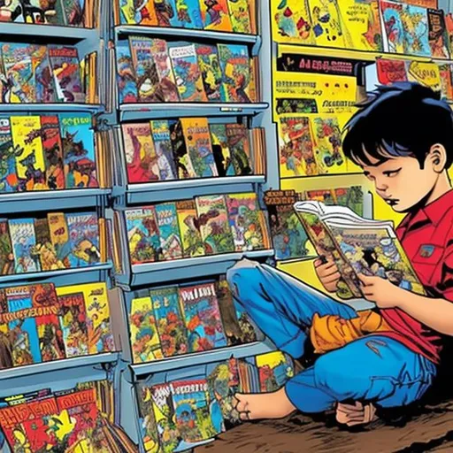Prompt: Child reading comic books opening mind to world of imagination
