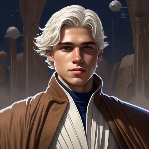 Prompt: 20 year old, young, Detailed art, Handsome young man with short clean white hair, short back hair, well groomed, combed over hair,  dark blue tunic vest, shoulder pad, brown overcoat with flowing robes, high collar, straight lines, neat, minimal, Star Wars character art, detailed textured fabric. Cloth neck gaiter, robes, tight white hair, holster, belt, rich, well dressed, fancy clothes, blaster pistol, pistol, Star Wars 
