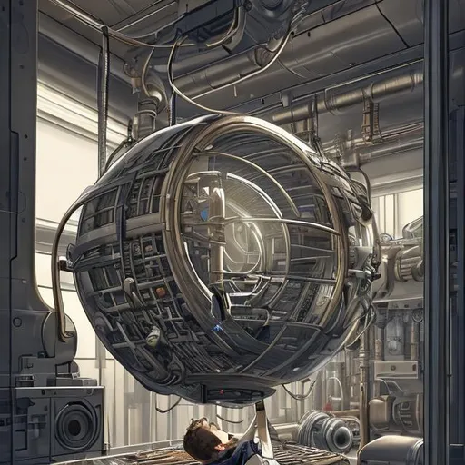 Prompt: a 17 year old boy lying down in a capsule made of metal, there are many of the same horizontal cylinders all around this one. They are in a very dimly-lit large room. digital concept art