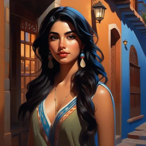 Prompt: Third person, gameplay, Mexican girl, pale olive skin, black hair, brown eyes, modern, Guanajuato at night, blue atmosphere, cartoony style, extremely detailed painting by Greg Rutkowski and by Henry Justice Ford and by Steve Henderson 

