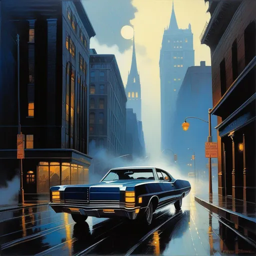 Prompt: 1970s Gotham City, car chase, rain, fog, dark blue atmosphere, cartoony style, extremely detailed painting by Greg Rutkowski and by Henry Justice Ford and by Steve Henderson