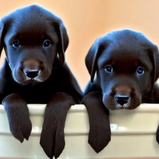 Prompt: beautiful cute chocolate lab puppies taking a bath 