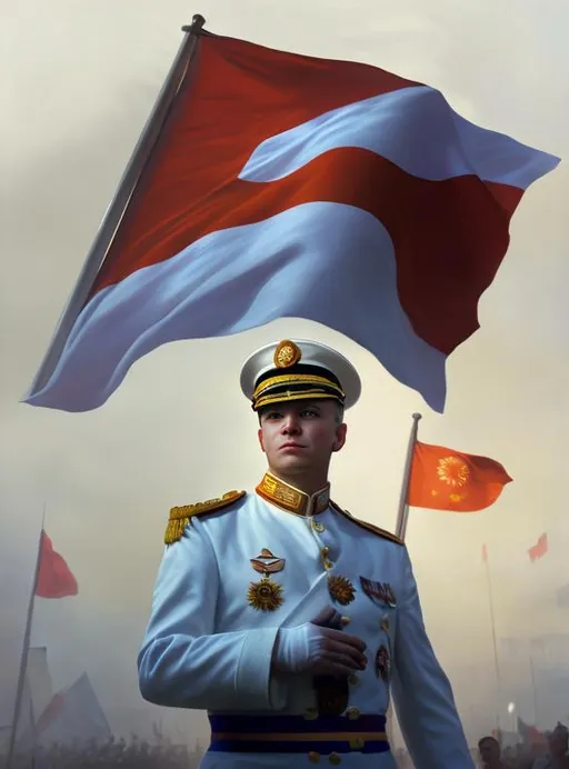 Prompt: Valery Mikhailovich Sablin, red flag waving behind, face centered portrait, confident, fog, rain, volumetric lighting, soft light particles floating near him, illustration, perfectly shaded, soft painting, parade white clothes, white gloves, parade ship captain white peaked cap, parade ship captain white jacket, oval face, fallen in jaw, medium sized nose, young european, young, skinny face, Soviet officer, colorful photo, Soviet Union Lenin's propaganda like style. 