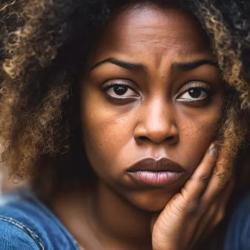 Prompt: A black woman looking worried
