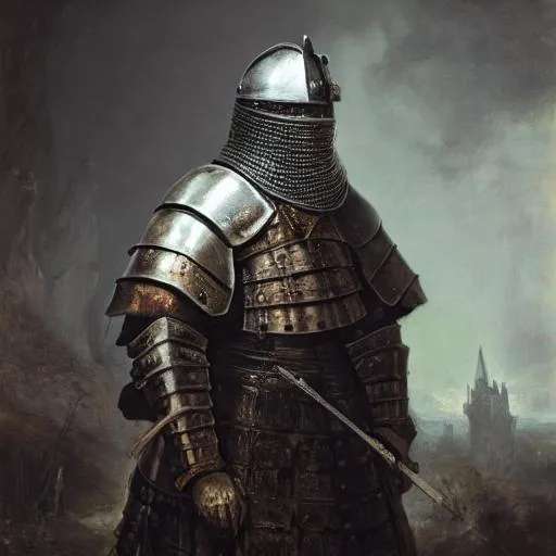 Prompt: Oil painting, Rembrandt, gothic, unreal engine 8K octane, 3d lighting, UHD, HDR, render, HD, ((Cinematic high-quality photo)), ((photorealistic full-body portrait masterpiece)) of a hyperdetailed, gray-skinned, menacing, Knight, in a dungeon, wearing a crusaders armor, The background is a landscape of a castle prison