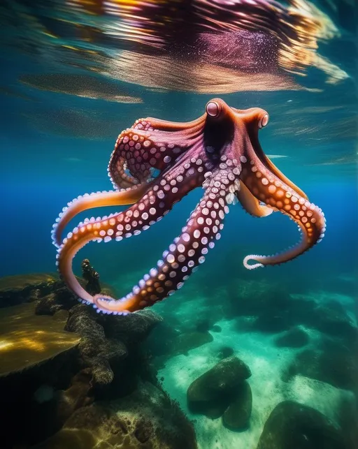 Prompt: In an underwater paradise, capture the mesmerizing scene of a Rainbow shimmering through the water as an Octopus glides gracefully nearby. Use an underwater camera with a wide-angle lens to encapsulate the captivating encounter. Illuminate the scene with underwater lighting to bring out the enchanting colors