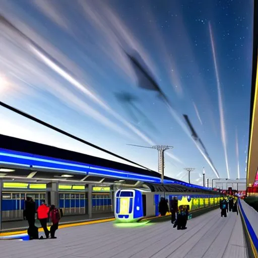 Prompt: A futuristic 22nd century railway station with train. People with luggage. A comet is visible in the sky.