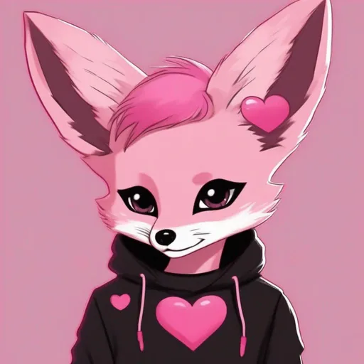 Prompt: Pink punk hair, pink fennec fox, black pink eyes, with a black eyepatch on the right eye with a pink heart shape on the black eyepatch, with pink cheeks, dark brown long sweater with sleeves, black pants with a black belt