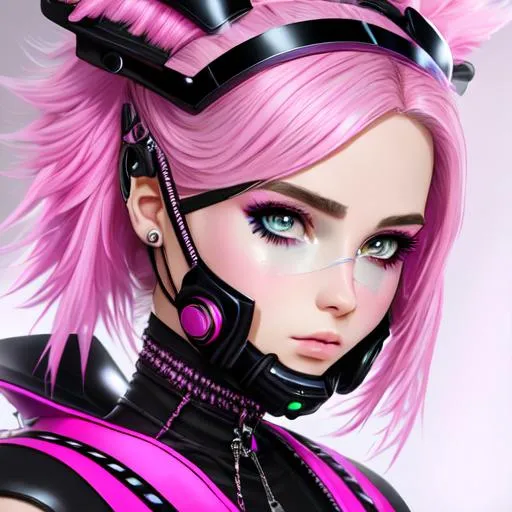 Prompt: portrait, 18 years old, pink cyberlox, cyber goth clothes, dust mask, Heterochromia eyes, pink, bare shoulder, ethereal, royal vibe, wild hair, highly detailed, detailed and high quality background, oil painting, digital painting, Trending on artstation , UHD, 128K,  quality, Big Eyes, artgerm, highest quality stylized character concept masterpiece, award winning digital 3d, hyper-realistic, intricate, 128K, UHD, HDR, image of a gorgeous, beautiful, dirty, highly detailed face, hyper-realistic facial features, cinematic 3D volumetric