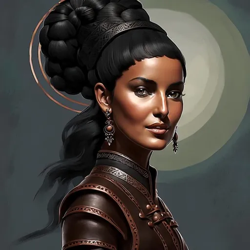 Prompt: A fantasy style digital painting of a young, copper skinned Monica Bellucci, with bright green eyes, and jet black ponytail hair, wearing a functional brown tunic and knee high black boots, while standing confidently, as flames radiate out of her hand, with natural tones, and soft lighting, in the style of Matteo Scalera.