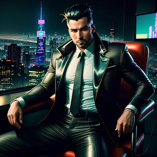 Prompt: Create an intensely detailed, high-resolution portrait capturing a man seated in the office chair the suit of a cyberpunk-infused vintage muscle car. Parked on the outskirts of a sprawling cyberpunk city, he gazes at the cityscape, an urban jungle ablaze with neon lights against the dark mantle of night.

Her attire, a high-collared cyberpunk jacket accentuated with yellow trims, and distressed jeans, perfectly echoes the setting. Complement the look with sneakers, also highlighted with yellow trims. his face, meticulously captured, should convey a depth of emotion that reflects the city's pulsating energy.

The sky, sprinkled with stars, should be softly illuminated by the neon glow from the city, adding a fantastical touch to the otherwise stark, desert landscape around the city.

With a firm focus on professional-grade photography standards, attention to detail, and realistic lighting, your mission is to create a portrait that fuses the wild energy of the cyberpunk aesthetic with the man's personal charisma.
