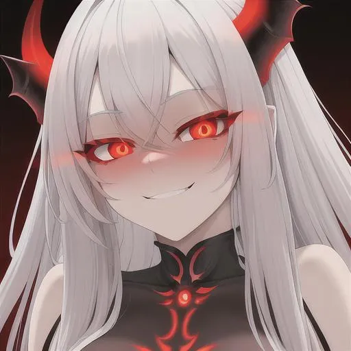 Prompt: Draw a highly detailed beautiful white haired anime demon girl. 8K Resolution. Dark red demon landscape background. Red and Orange Glowing Eyes. Highly detailed well proportioned body. Blushing face. Sinister Smile. Lewd face expression