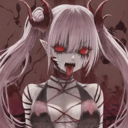 Prompt: female demon, mouth like a snake, bandages on arms, red eyes, demonic, bloodthirsty, wight hair, demonic chain whips, pigtails, sharp teeth, sfw, bleeding eyes, evil, red lingerie with black,
