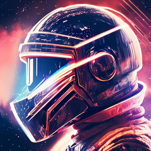 Prompt: Long shot long exposure photo, of an astronaut wearing a daft punk helmet drifting in space, her back to the camera, cinematic lighting, symmetrical, highly detailed