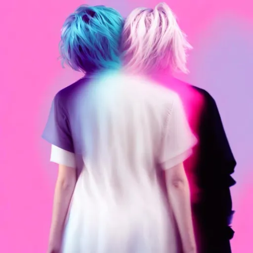 Prompt: Cover for a music album - for 2 sapphic lovers pink silver genderfluid - can’t see face -  guitar music - piano music - can’t see face - abstract - backs turned to the camera