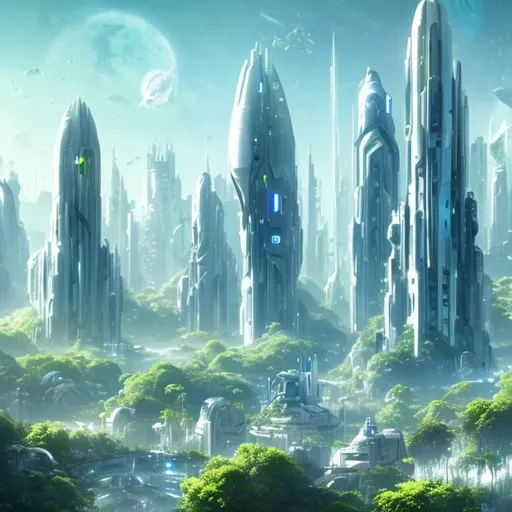 Prompt: Futuristic City White Tall Towers Lush Green Overgrown Plants Light Blue Sky High with many big white spaceships